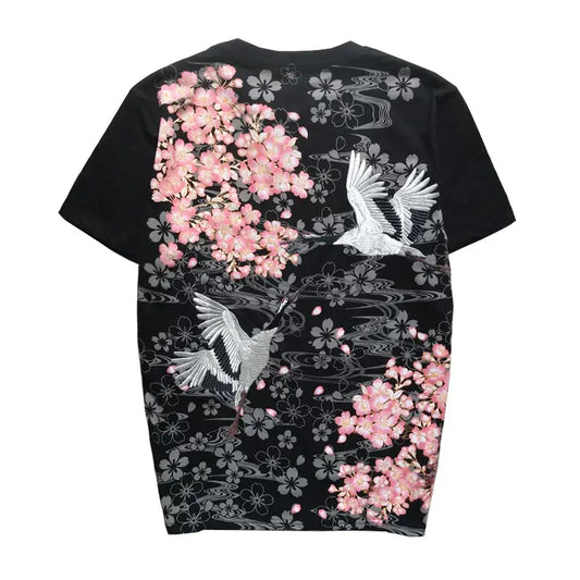 Flying Cranes Sakura Embroidery T-Shirt